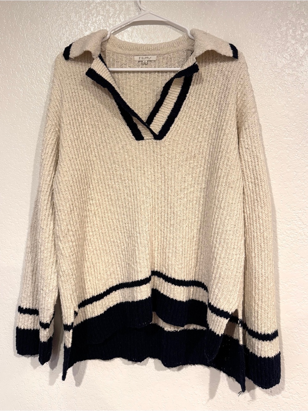 Z Supply Hammond Polo Sweater Small Natural Black Contrast Knit